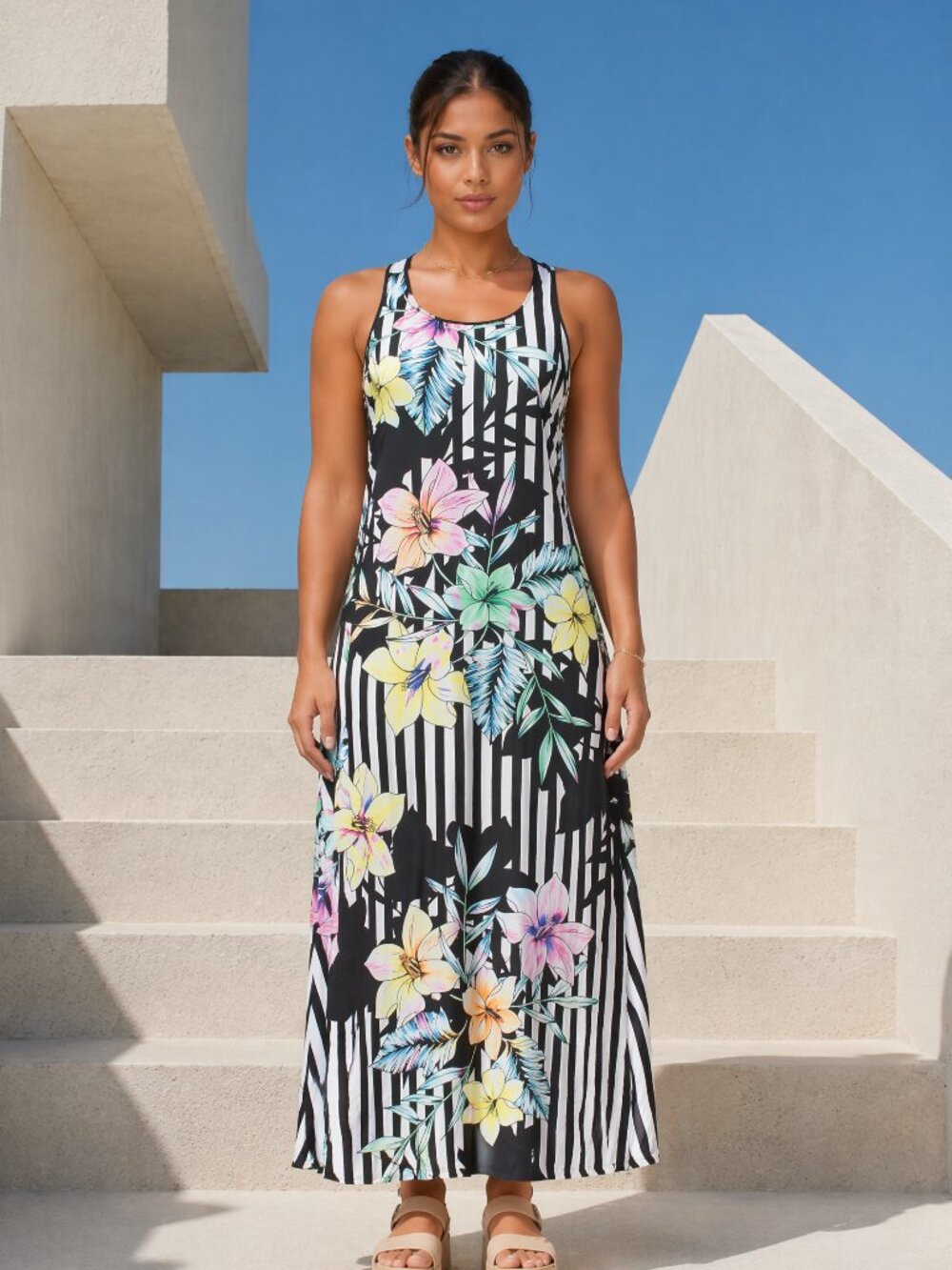 Shall We Black and White Stripe Tropical Floral Sleeveless dress L